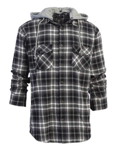 Load image into Gallery viewer, Men&#39;s Flannel Shirt Gray &amp; Black Checkered Light Weight with Removable Hoodie.
