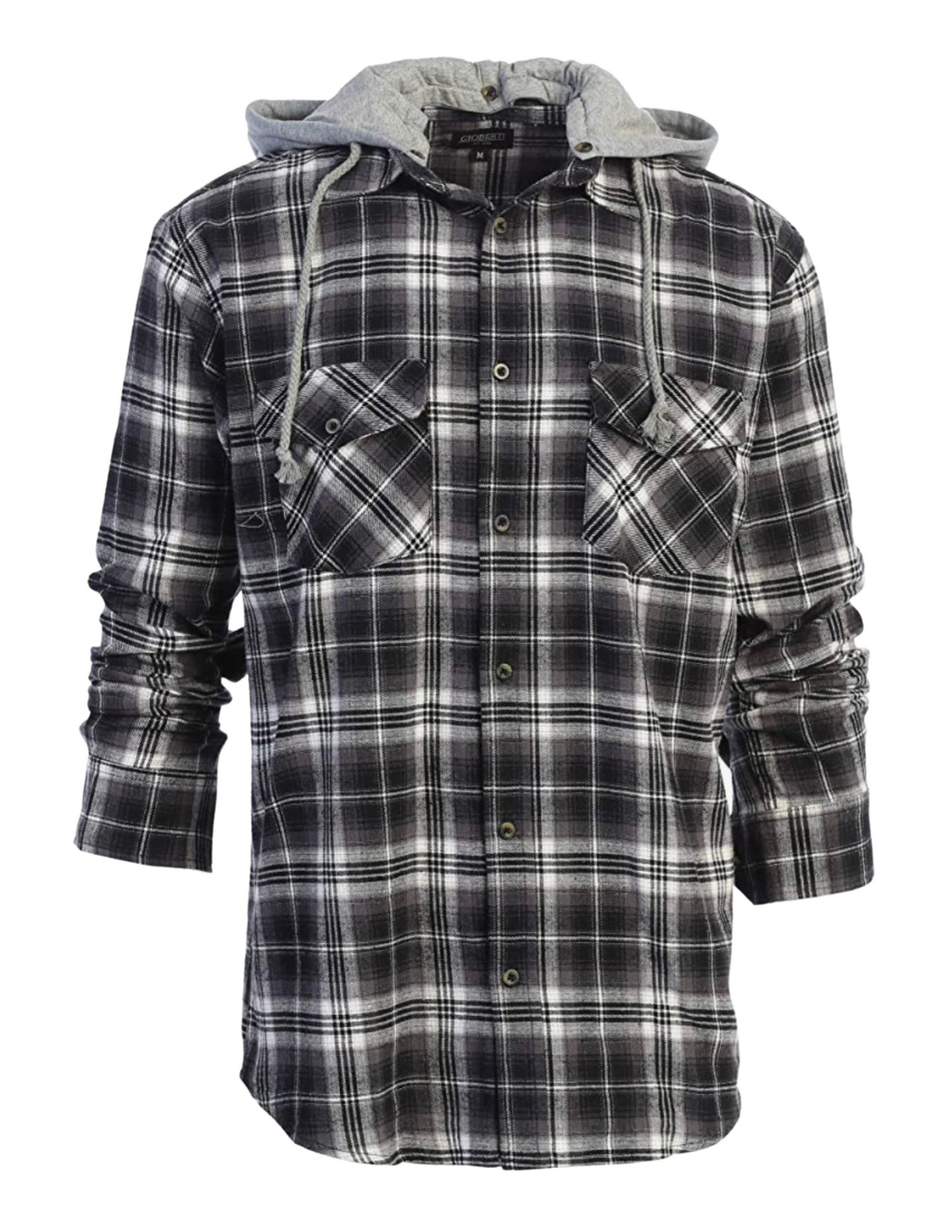Men's Flannel Shirt Gray & Black Checkered Light Weight with Removable Hoodie.