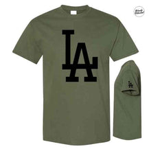 Load image into Gallery viewer, Copy of Crew Neck Unisex Olive Sweatshirt with Black LA Logo Design.

